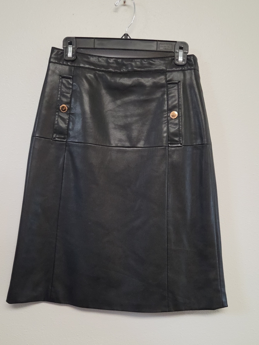 Liz Claiborne Black Faux Leather Midi Skirt with Gold Buttons